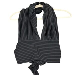 Cheryl Creations Halter Wrap Top Womens Large Black Pinstripe Stretch Tie